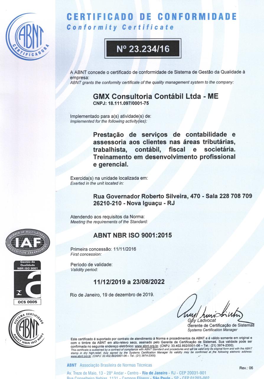 Certificado Iso 9001 2015 Gmx Contabilidade